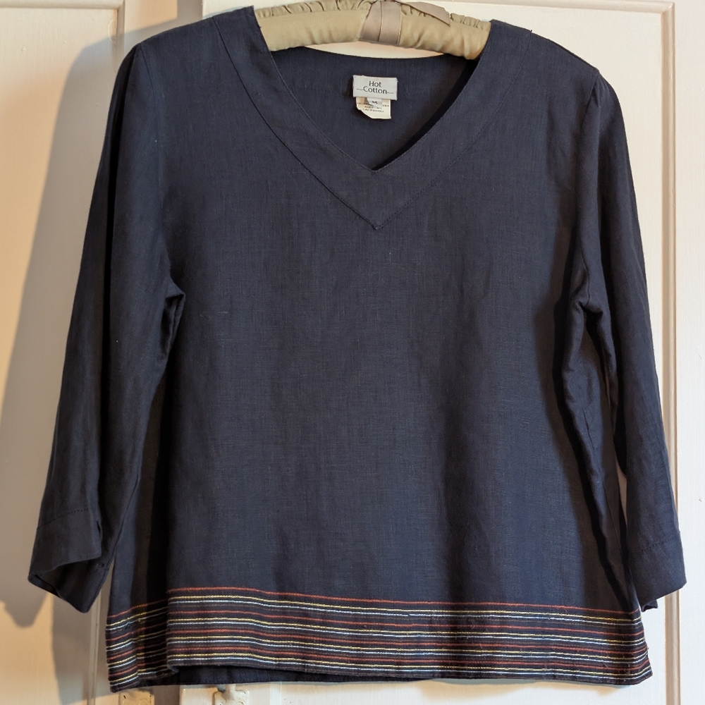 Hot Cotton Navy V-Neck Top with Multi Colored Stitching At Hem, M, 100% Linen